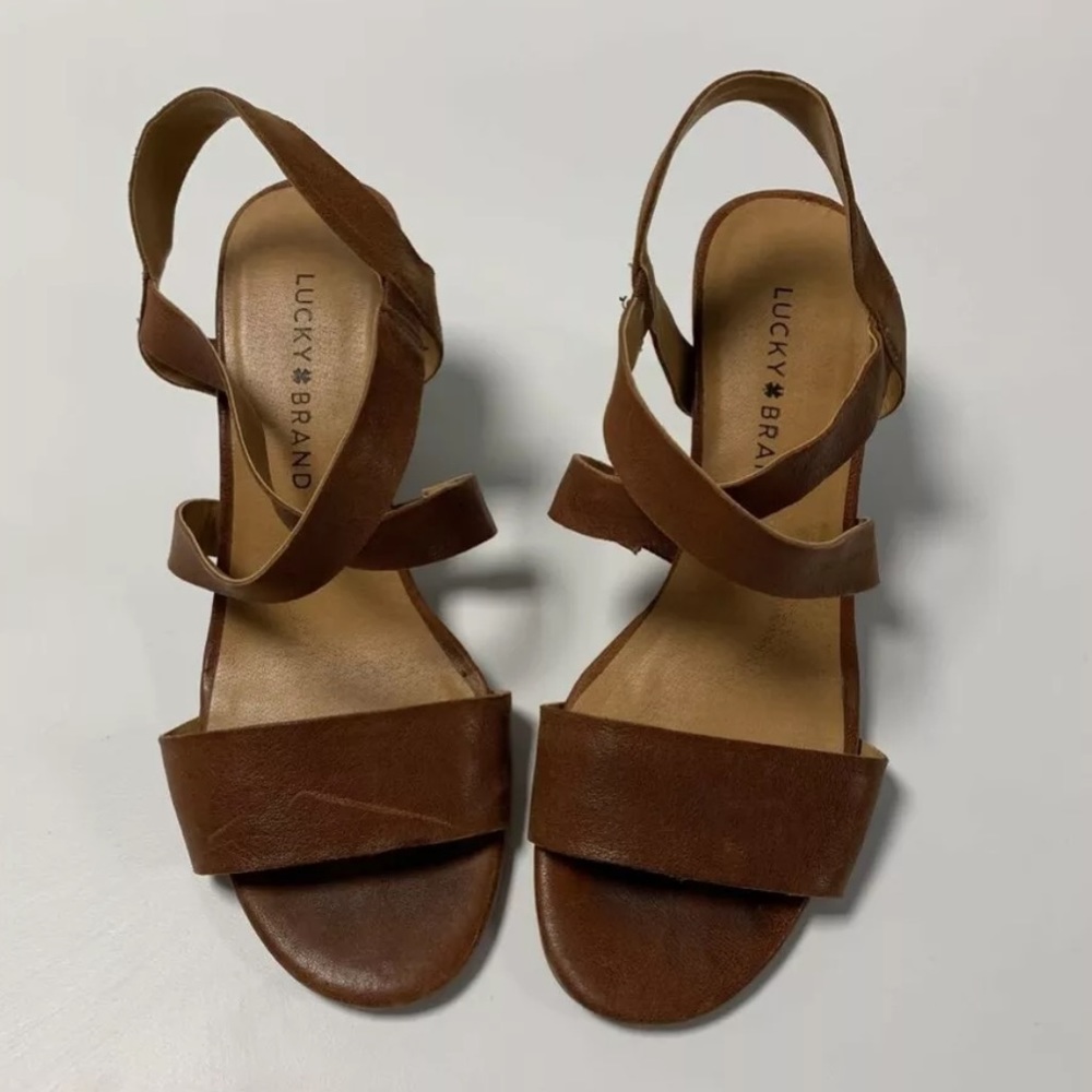 Lucky Brand Brown Leather Elastic Wedge Sandal 7.5